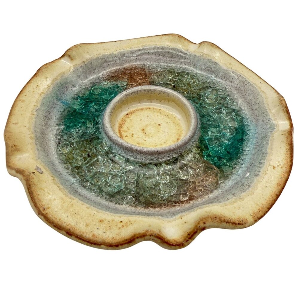 Stoneware Crackle Glaze Votive Candle Holder Dish Crushed Glass Pottery USA